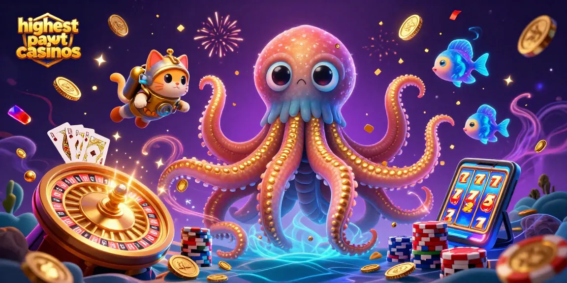 Experience gaming excitement at highest payout casinos with a dynamic scene of a kraken, diving cat, and glowing fish.