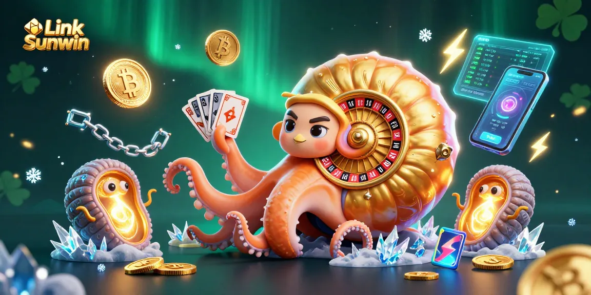 Engage with Link Sunwin for a thrilling casino experience amid 3D cartoon elements and glowing crypto coins.