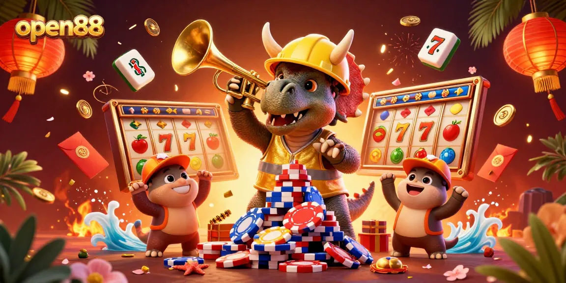 Experience the excitement of open88 with a lively 3D scene featuring joyful casino characters and vibrant gaming elements.
