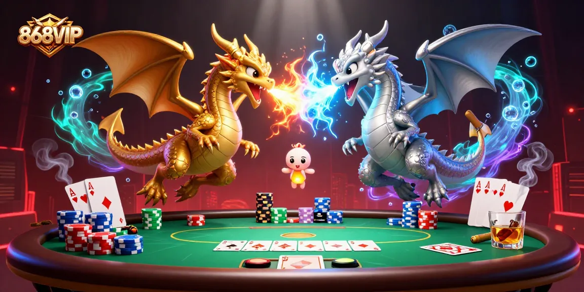 A vibrant 868VIP scene featuring dragons, poker elements, and a fantasy backdrop showcasing casino excitement.