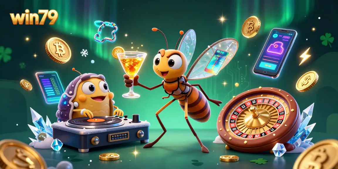 Experience win79's exciting casino world with a lively 3D cartoon scene featuring unique characters.
