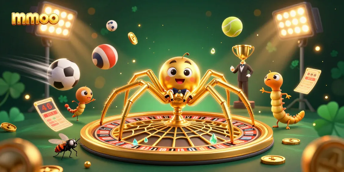 Experience the thrill of mmoo with a golden spider and centipede croupier in a vibrant casino scene.