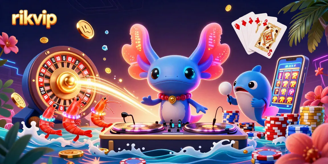 Engage in exciting gaming at rikvip with a vibrant scene of a DJ axolotl and lively aquatic characters.
