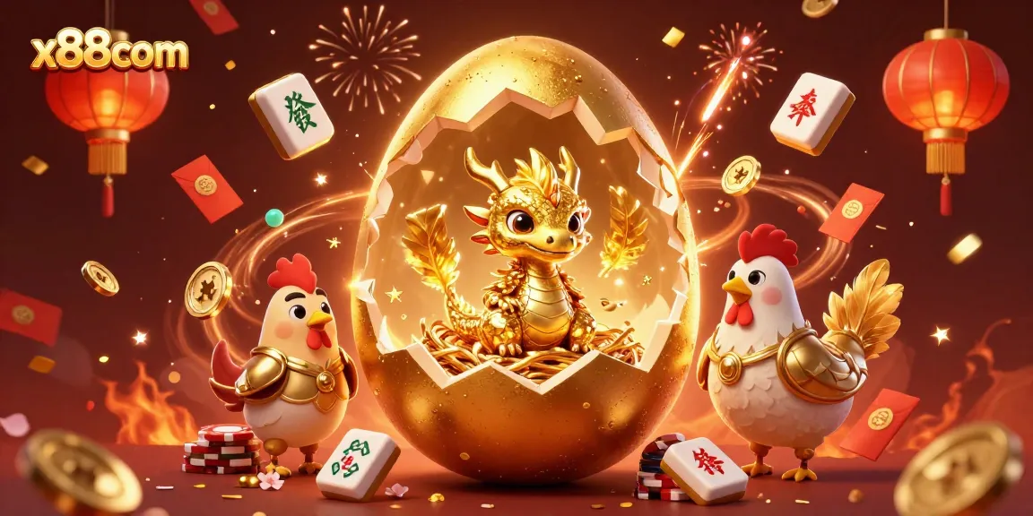 X88com brings excitement with a golden dragon on poker chips, surrounded by festive casino elements.