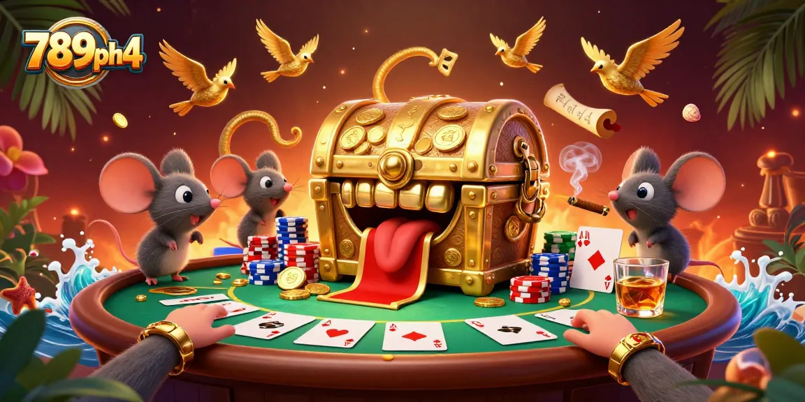 Engage with thrilling 789ph4 casino experiences featuring a treasure chest, poker table, and vibrant 3D elements.