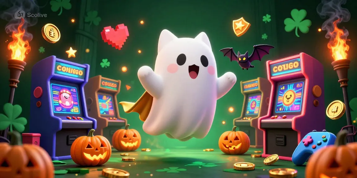 Socolive ghost cat and vampire bat enjoy vibrant casino fun with glowing elements and arcade games.