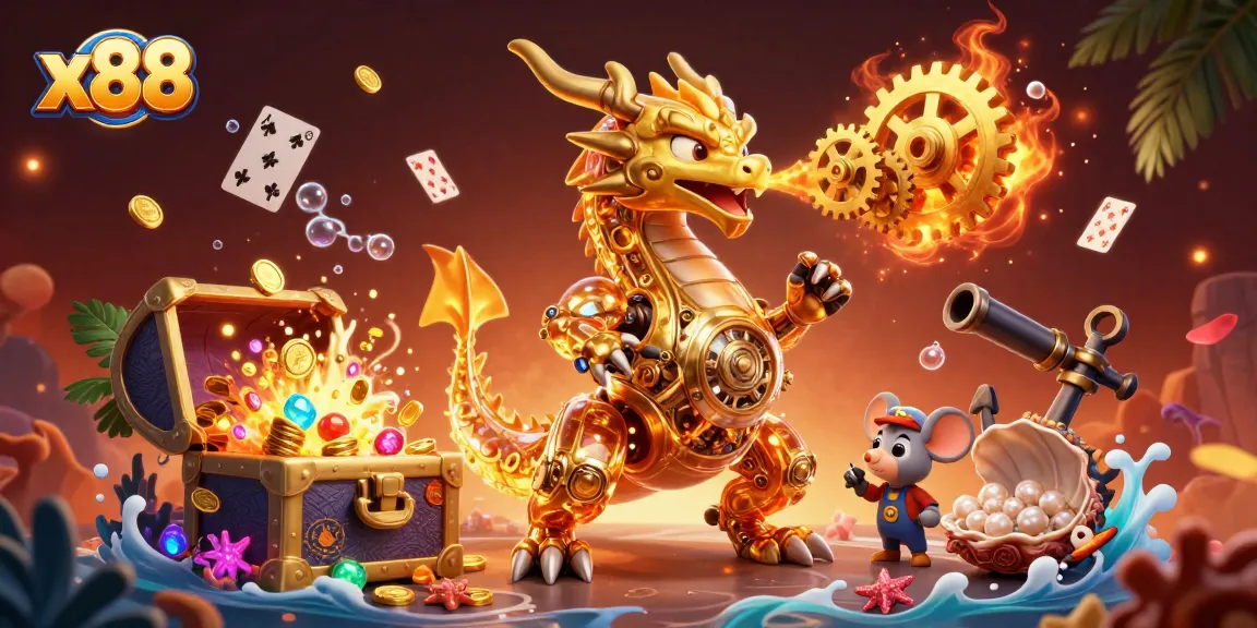 x88 delivers thrilling gaming adventures with a cartoon biomechanical dragon, golden treasures, and vibrant casino elements.