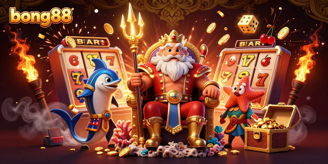 Bong88 features a vibrant casino scene with Neptune, samurai, and exciting game elements.