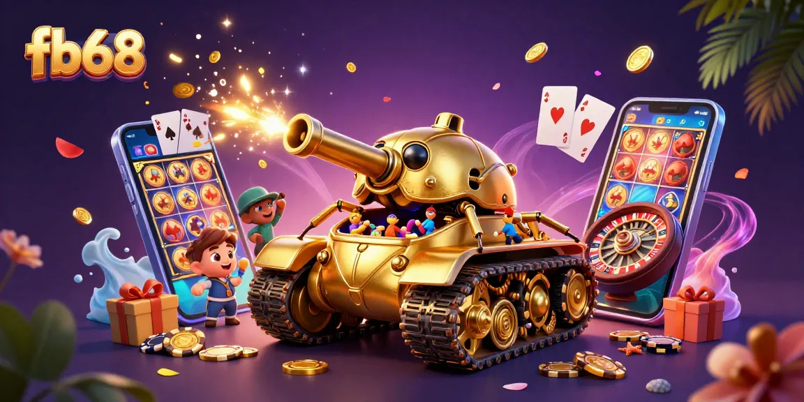 Experience the vibrant gaming world of fb68 with dynamic scenes filled with slot games and casino elements.