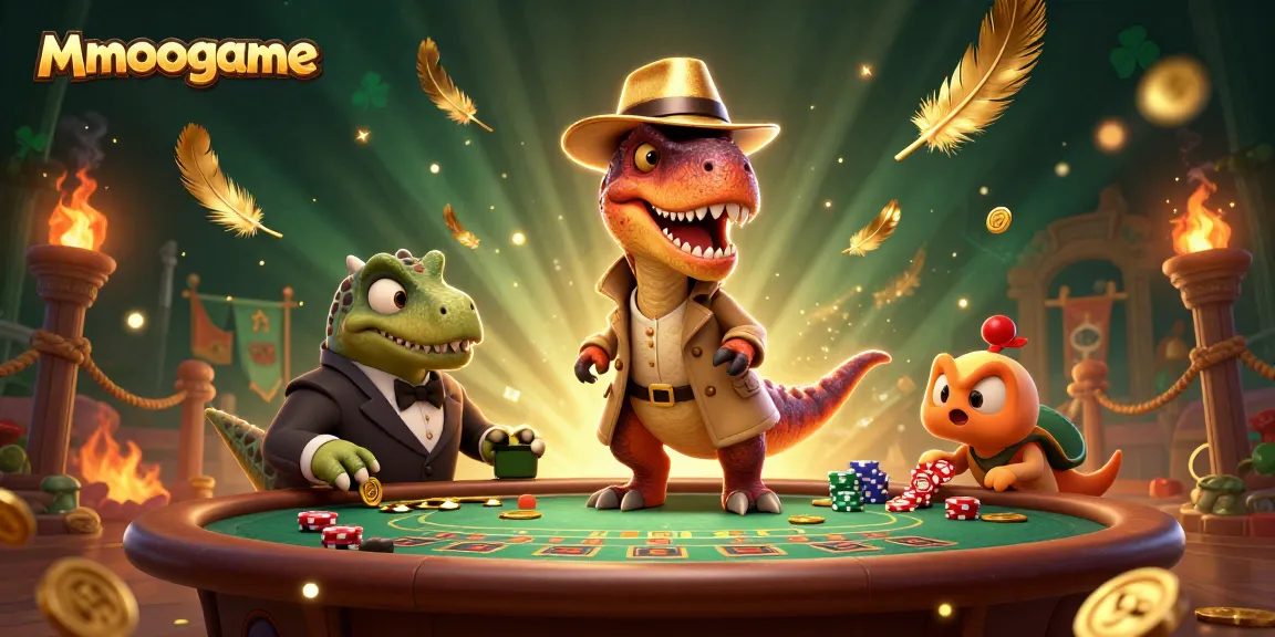 Experience mmoogame thrills with a velociraptor, stegosaurus, and compy in a vibrant casino scene.