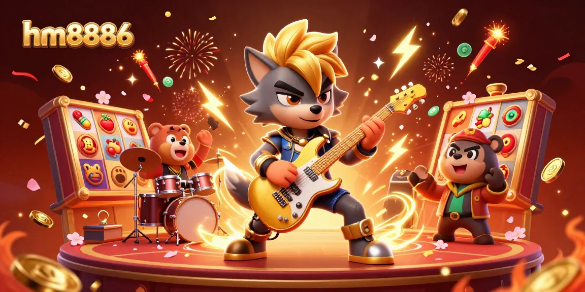 Experience thrilling wins with hm8886 in this vibrant 3D casino illustration of rock star characters and jackpot symbols.
