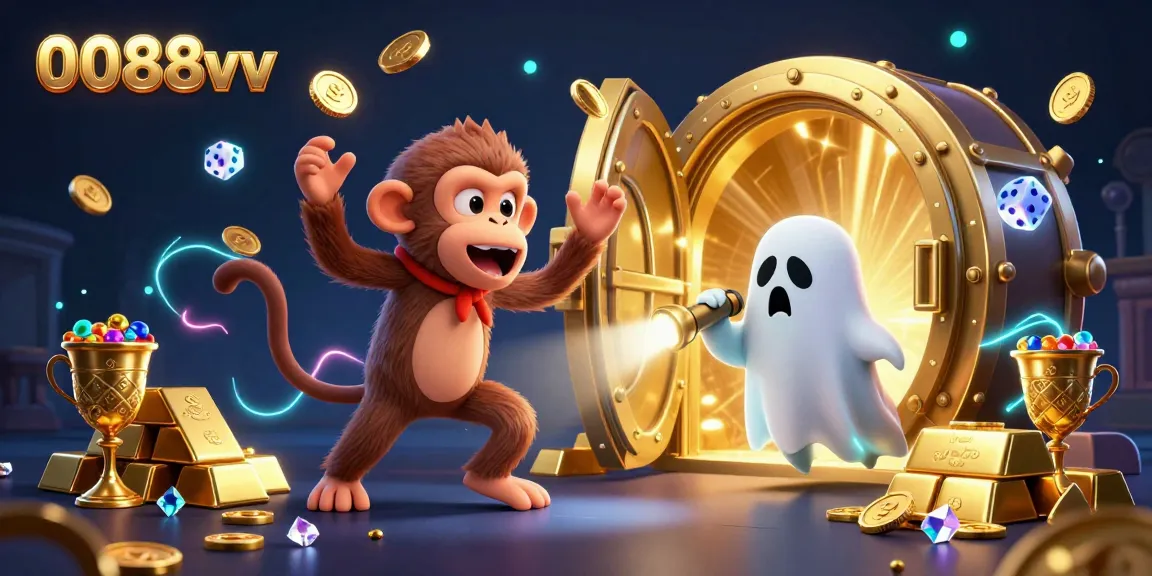 Experience the excitement of 0088vv as a playful poltergeist monkey juggles golden coins in a vibrant casino scene.