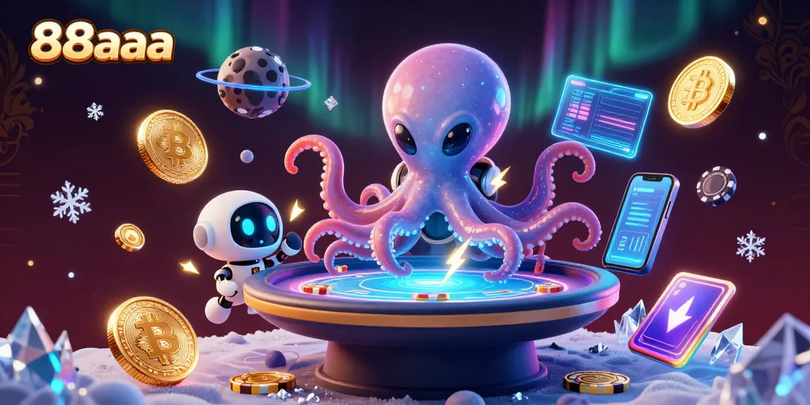Add excitement to your gaming with 88aaa's dynamic poker table managed by an alien octopus in a vibrant cosmic setting.