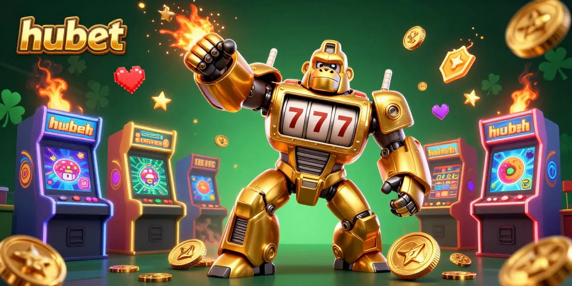 Engage with hubet's thrilling slots gameplay featuring a dynamic golden gorilla mech and colorful arcade elements.