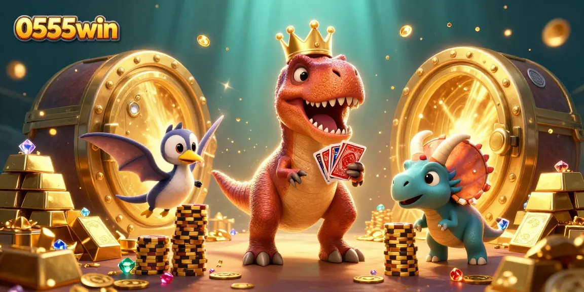 Experience high-stakes excitement at 0555win with cheerful dinosaurs in a casino setting.