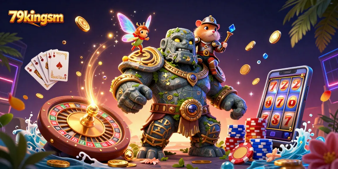 Experience thrilling action at 79kingsm with a lively casino scene featuring a golem and magical fairy.